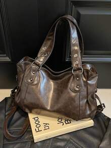 1pc Vintage Large Capacity Handbag, Vintage PU Shoulder Messenger Bag, Women Casual Tote Bag And Wallet - Cà phê - Xem 4