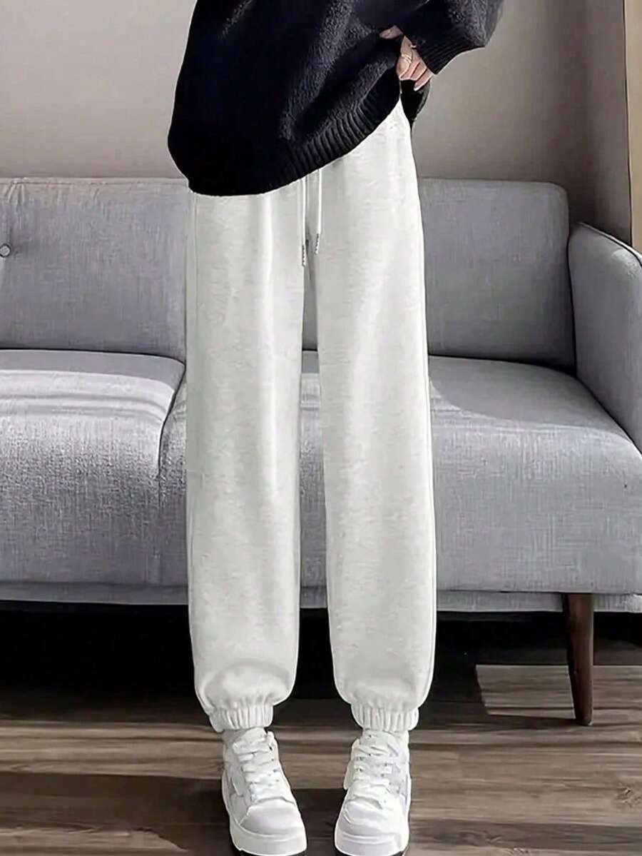Women's Soft & Comfortable Drawstring Waist Thermal Lined Long Pants, Casual Daily Wear - Grey - View 1