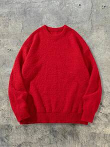 Unisex Fluffy Casual Loose Fit Crew Neck Textured Solid Color Pullover Sweater, Versatile Long Sleeve Knit Top For Autumn/Winter - 紅色 - 查看 2