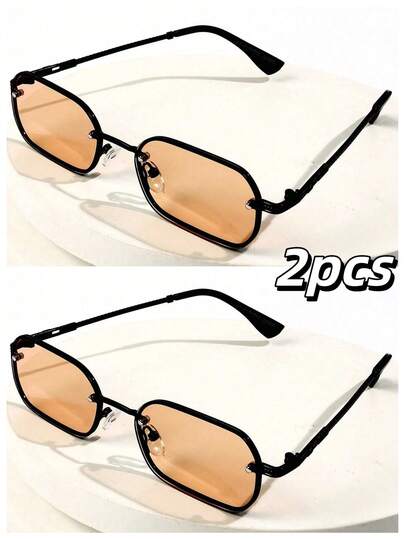  2副男士黑色镜框焦糖色镜片复古方形铜色迷你Y2K经典时尚眼镜，适合日常佩戴、摄影、度假、旅行（附赠眼镜布和眼镜带）
