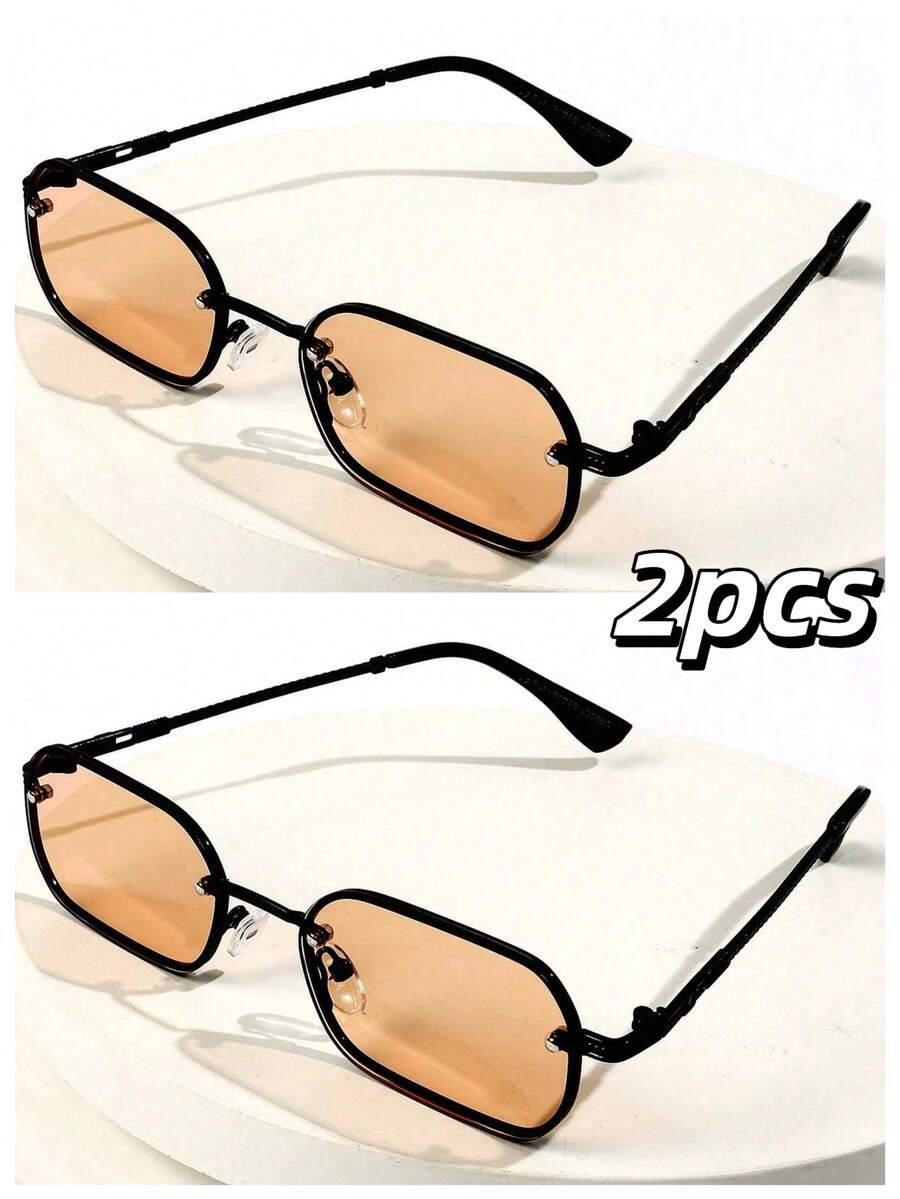 2副男士黑色镜框焦糖色镜片复古方形铜色迷你Y2K经典时尚眼镜，适合日常佩戴、摄影、度假、旅行（附赠眼镜布和眼镜带） - 2set(黑框/淺茶片)(不含盒) - 查看 1