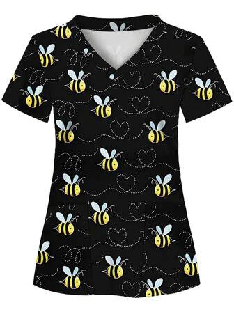 Colorful Sea Turtle Print, 2 Pockets, Women's Scrub Top, Comfortable T-Shirt For Healthcare Professionals - Soft, Breathable, Practical Uniform Suitable For Hospitals, Dental Clinics, Salons And Facilities, Nurse Workwear