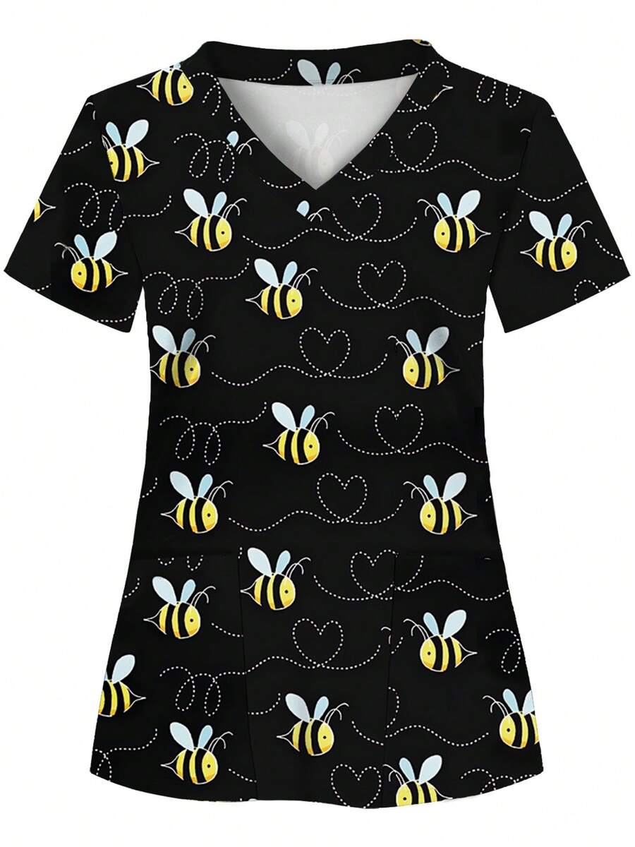 Colorful Sea Turtle Print, 2 Pockets, Women's Scrub Top, Comfortable T-Shirt For Healthcare Professionals - Soft, Breathable, Practical Uniform Suitable For Hospitals, Dental Clinics, Salons And Facilities, Nurse Workwear - Multicolor - View 1