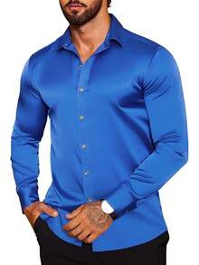 Men's Silk Satin Dress Shirts Jacquard Long Sleeve Floral Button Up Shirts Party Prom Wedding Shirthalloween - 藍寶石 - 查看 1