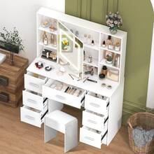 Vanity Makeup Table Set Dressing Desk With Large LED Lighted Mirror 7 Drawers  - Perfect For Organizing Makeup, Skincare, Elegant Vanity|Decorative Vanity, Vanity Furniture, Compact For Small Space, Bedroom Decor Gift, Perfect Gift For Women Girls , Ideal para regalos de Navidad y Halloween. - Blanco - Ver 5