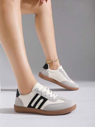 Women's Multifunctional Fashion Casual Shoes, Flat Non-Slip Lace-Up Round Toe Rubber Sole Casual Sneakers, Black & Khaki Color Block, Daily Match, Shoes, Casual Shoes, Size 36-41,