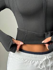 Women's Black Textured Fabric Zip-Up High Neck Minimalist Fashion Thumb Hole Knit Sports Jacket