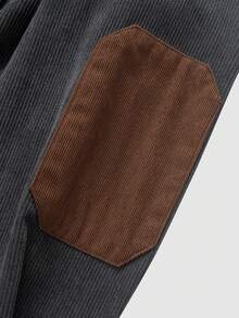 男士灯芯绒拼色袖口拼接双口袋设计翻领全扣前片独特纽扣长袖衬衫，休闲，时尚，简约，适合日常穿着，通勤，街头风格，秋冬 - 深灰色 - 查看 8