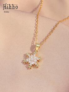 Hihho 1 chiếc vòng cổ mặt dây chuyền hình bông tuyết tối giản đính đá Cubic Zirconia thời trang cao cấp đa năng, quà tặng trang trí vòng cổ thanh lịch cho nữ, vòng cổ mặt dây chuyền tinh tế, vòng cổ mặt dây chuyền bằng đồng cho nữ - Vàng - Xem 7