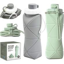 (2 Pack) Collapsible Bottle Travel [Double Leak-Proof Design] [Cap With Safety Rope] BPA Silicone Foldable Bottle Outdoor Hiking Sports Lightweight, Couple (Gray+Green)