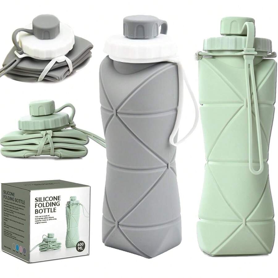 (2 Pack) Collapsible Bottle Travel [Double Leak-Proof Design] [Cap With Safety Rope] BPA Silicone Foldable Bottle Outdoor Hiking Sports Lightweight, Couple (Gray+Green)