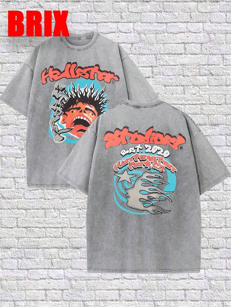 Uaddw Brand Y2K, [Retro Cotton T-Shirt] High-Quality 100% Cotton Men's Retro Style Crazy Face, Flame Face, Spiral Pattern T-Shirt, Distressed Wash Short Sleeve, Street Style, Funny Graphic Tees Men, Fashionable Casual Versatile, Camiseta Para Hombre - 灰色 - 查看 1