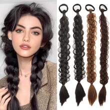 2 Stücke lange geflochtene Pferdeschwanz-Extensions für Frauen, gerade umwickelte Zopf-Pferdeschwanz-Extensions, synthetische Zöpfe mit Gummiband