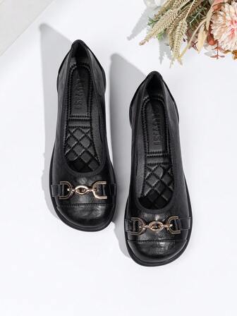 Women's Comfortable Black Flat Slip-On Casual Shoes, Soft & Gentle, Laser Cutout Pattern, Breathable Ballet Flats For Work