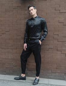 Men's Silk Satin Dress Shirts Jacquard Long Sleeve Floral Button Up Shirts Party Prom Wedding Shirthalloween - Màu be - Xem 4