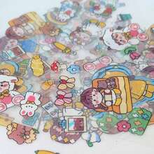 100张（盒装）可爱女孩透明PET贴纸，女孩剪贴簿贴纸，儿童，卡哇伊卡通人物贴纸，可用于日记、水瓶、电话、冰箱，无需裁剪，装饰性小图案，100张不重复剪贴簿贴纸套装，儿童女孩卡通贴纸，透明紫色防水水瓶贴纸，可爱防水贴纸 - 無色 - 查看 3