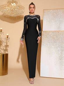Women's Sexy Long Sleeve Round Neck Diamond Beaded Black Midi Bodycon Bandage Dress, 2025 Knit Elegant Cocktail Party Dress, Bridesmaid Dress, Formal Evening Gown - Black - View 1