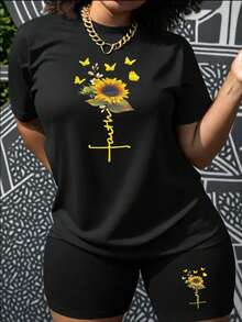 女士蝴蝶和向日葵印花圆领短袖T恤和短裤套装