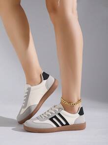 Women's Multifunctional Fashion Casual Shoes, Flat Non-Slip Lace-Up Round Toe Rubber Sole Casual Sneakers, Black & Khaki Color Block, Daily Match, Shoes, Casual Shoes, Size 36-41,