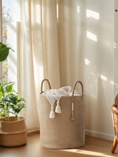 1 件装编织储物篮，带木珠，篮子新款带手柄，手工编织储物箱，柳条脏衣篮，洗衣篮，折叠式洗衣篮，储物篮，浴室脏衣篮，绳子洗衣篮，客厅卧室洗衣篮，编织储物篮，波西米亚风格高绳篮，适用于毛毯、玩具、枕头、毛巾和婴儿育儿篮，黄麻材质