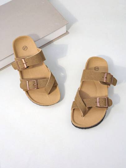1 Pair Kids' Suede-Like Double Buckle Flat Casual Slippers, Suitable For Daily Casual/Light Outdoor Occasions