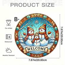 1PC Double Snowman Welcome Sign - Vintage Round Acrylic Hanging Decoration With Stained Glass Style Snowflakes & Holly Berry, Bright White For Christmas, Thanksgiving, Halloween-Christmas Gifts, Holiday Display, Bohemian Style, Colorful Snowflakes