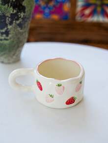 1pc Korean Ins-Style Hand-Painted Ceramic Coffee Cup & Saucer Set, Asymmetrical Cup Body With Cherry & Strawberry Pattern, Practical Ceramic Drinkware For Office, Casual, Breakfast, Afternoon Tea