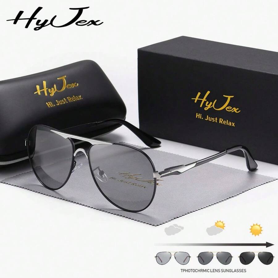 HyJex Unisex Retro Polarized Fashion Sunglasses With Color Changing Lenses And Anti-Glare For Daily Use - Comes With Microfiber Cloth And Glasses Case, Durable Metal Frame - Black Sliver - View 1