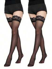 2 Pairs Elegant Lace Thigh High Stockings, Soft & Skin,Friendly, Suitable For Daily Commute/Dates, Cozy Socks