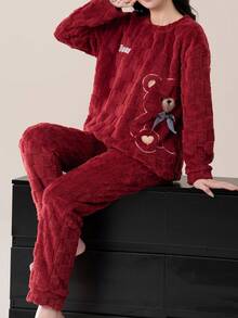 Cute Striped Fluffy Pajama Set, Bear Pattern Comfortable Wool Flannel Fleece Thick Warm Fluffy Pajama Set , Women's Polyester Sleepwear Top And Pants, Suitable For New Year , Long Sleeve Round Neck Top & Pants Homewear 2-Pieces Set, Fall Winter Clothes, Christmas, Cozy - Đỏ - Xem 5
