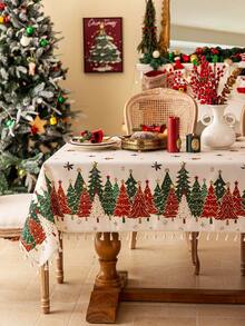 1pc Merry Christmas Party Tablecloth, White Christmas Tree Pattern, Dining Table Cover, 3D Bamboo Texture, Beige Tassel Decor, Washable, Coffee Table, Cabinet Cover, Holiday Decor, Suitable For Gathering, Dinner, Festival, Party, Christmas Gift, New Year Decor, Autumn Decor