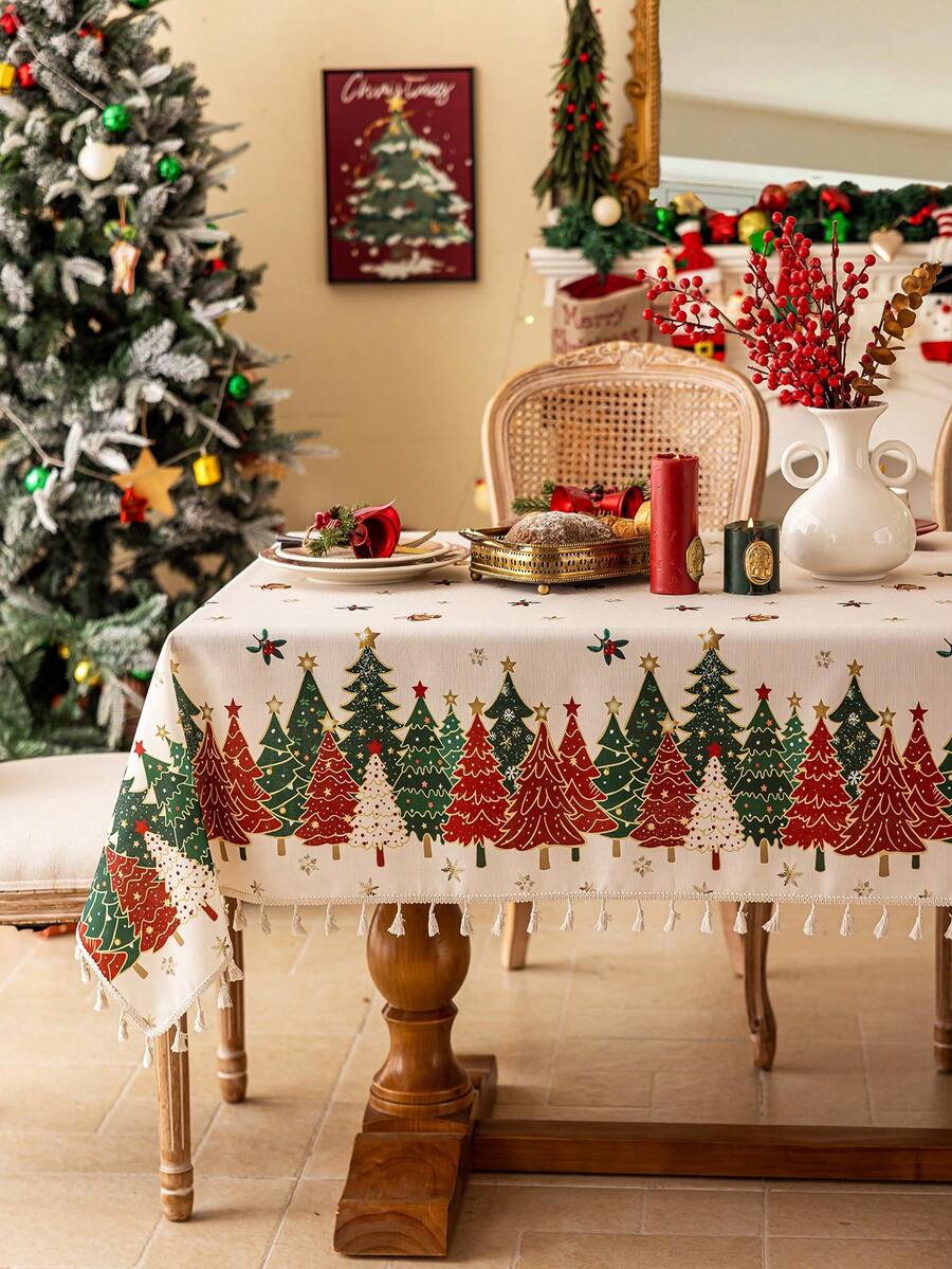 1pc Merry Christmas Party Tablecloth, White Christmas Tree Pattern, Dining Table Cover, 3D Bamboo Texture, Beige Tassel Decor, Washable, Coffee Table, Cabinet Cover, Holiday Decor, Suitable For Gathering, Dinner, Festival, Party, Christmas Gift, New Year Decor, Autumn Decor