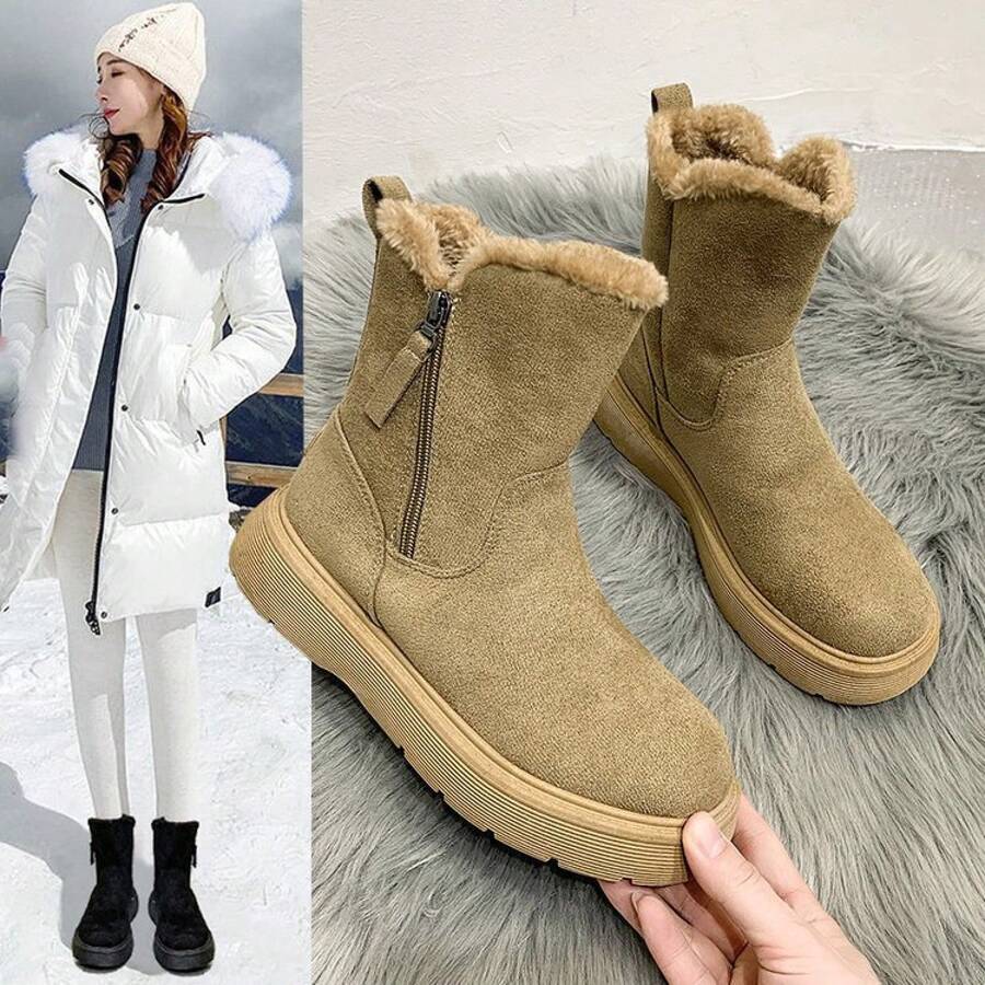 Botas de Nieve para Mujeres de Alta 2024 Nueva Moda de Invierno Botas de Lana de Oveja Integradas con Forro Cálido Engrosado Zapatos de Algodón Antideslizantes - Caqui - Ver 1