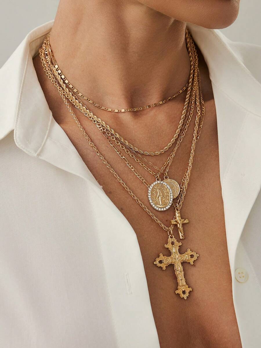 4pcs/Set 14k Gold Plated Multi-Layer Beaded Cross & Virgin Mary Necklace, Suitable For Vacation, Prayer, Baptism Wear