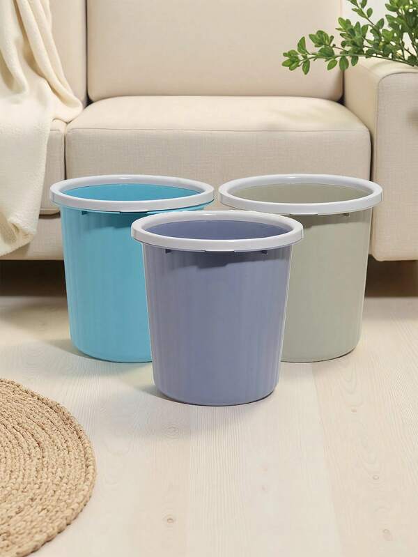 1/3/5/7/10pcs Light Blue/Light Grey/Khaki/Light Pink/Light Green Trash Can, Minimalist Ins Style, High-Quality Plastic Material, Cylindrical Shape, With Vertical Stripe Texture Design And Removable White Anti-Slip Ring, Effectively Fixing Garbage Bags To Prevent Slipping, Suitable For Daily Home, Holiday Gatherings, Living Room, Bedroom, Kitchen And Other Scenarios, Practical Storage Bucket For All Seasons, Adding Cleanliness And Aesthetics To The Home Environment