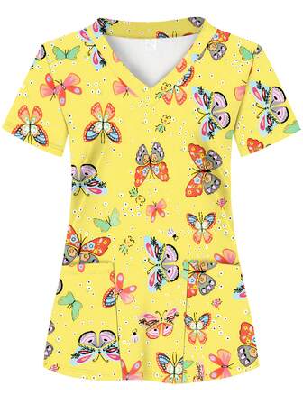 彩色海龟印花，2 个口袋，女式手术服上衣，舒适的医疗保健专业人士 T 恤 - 柔软、透气、实用的制服，适用于医院、牙科诊所、沙龙和设施、护士工作服