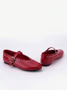 Bailarinas de mujer con puntera redonda, decoración de remaches rojos, estilo Mary Jane. Zapatos planos casuales, cómodos y versátiles, adecuados para vestidos, ir al trabajo y uso diario.