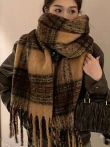 1pc Ladies' Autumn And Winter New Retro Maillard Scarf, Outdoor Versatile Warm And Thick Atmosphere Scarf Shawl, Couple Plaid Tassel Scarf, Suitable For Men And Women Women Winter Scarves