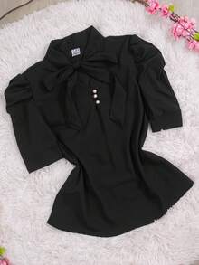Women's Formal Blouse With Short Puff Sleeves And Bow No. 8 - 黑色 - 查看 1