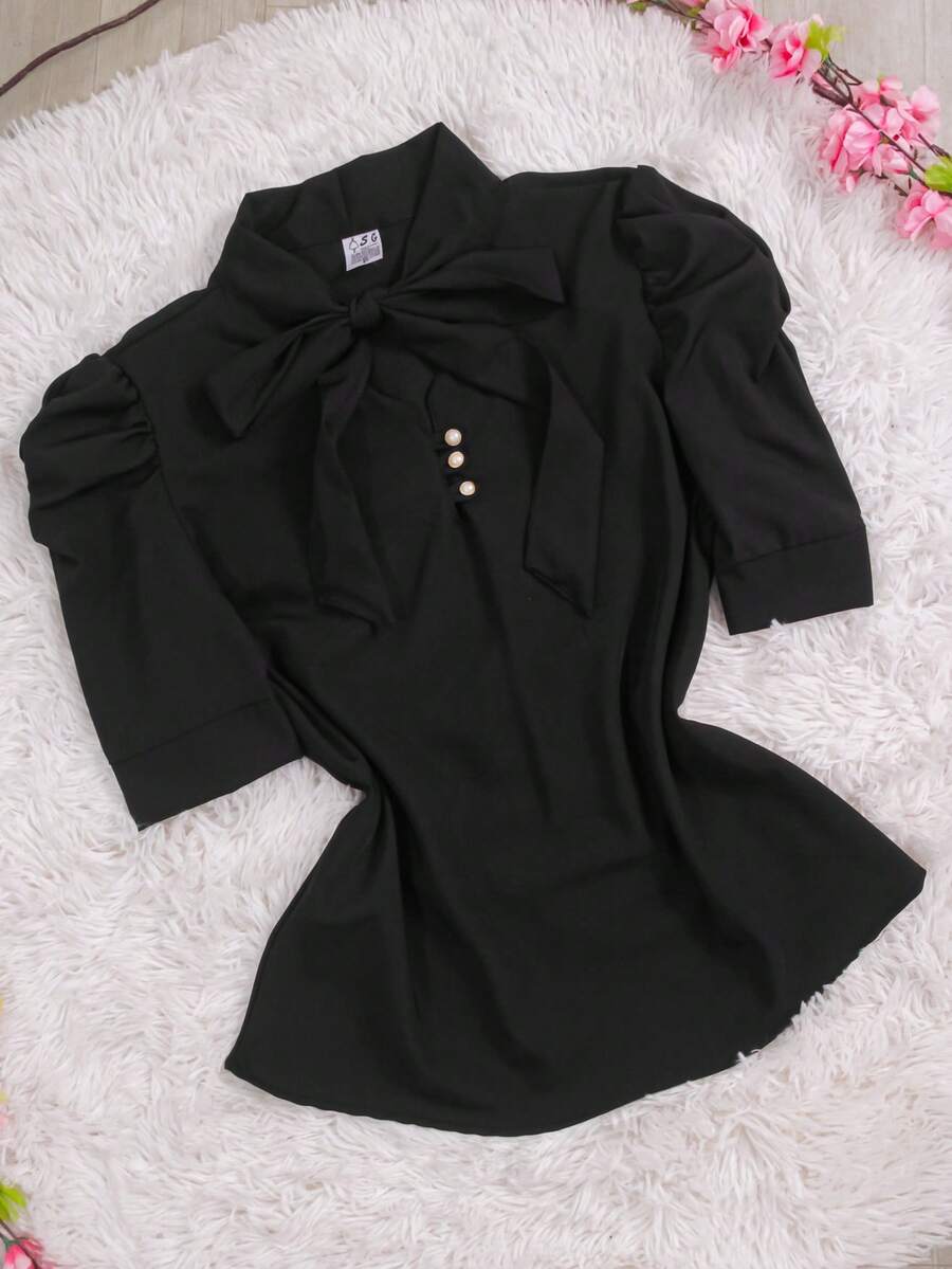 Women's Formal Blouse With Short Puff Sleeves And Bow No. 8 - 黑色 - 查看 1