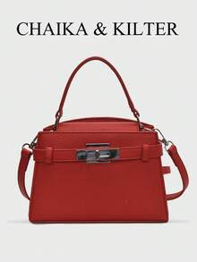 新款夏季荔枝紋女款手提包，時尚可調節肩帶斜挎包，極簡純色高級金屬裝飾上班肩背包 - 紅色 - 查看 5