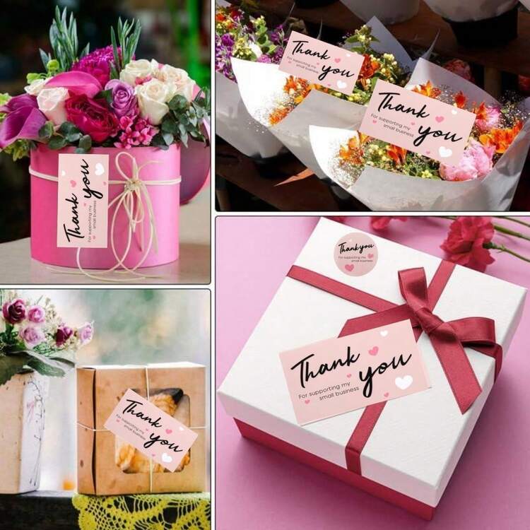 600-pack tackkort och klistermärken, tack för att du stöder mitt lilla företag, med återförslutningsbar förpackningspåse, lämplig för butiker, webbutiker, lokala företag och entreprenörer - Rosa - Visa 4