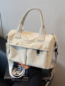 2025新款休闲时尚多口袋手提包，波士顿圆柱形枕头包，迷你女士托特包适合日常通勤、购物、斜挎包，学院风学生帆布包带拉链开合，轻便可折叠 - 米色 - 查看 2