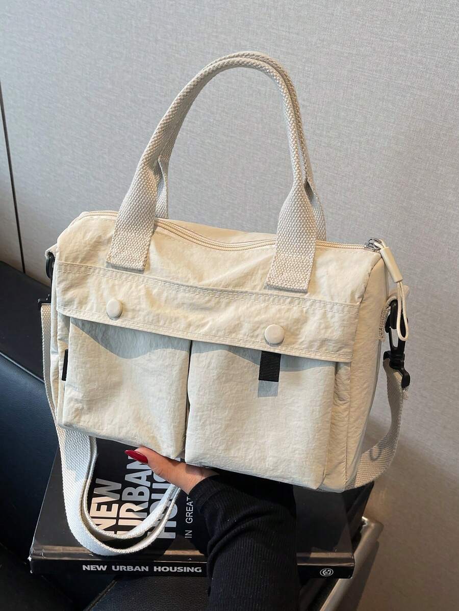 2025新款休闲时尚多口袋手提包，波士顿圆柱形枕头包，迷你女士托特包适合日常通勤、购物、斜挎包，学院风学生帆布包带拉链开合，轻便可折叠