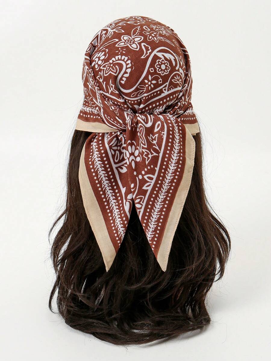 1 件简约印花 70 厘米方形围巾，新款春季女士头巾，百搭腰带、头带、发饰、时尚围巾 - 咖啡棕 - 查看 1