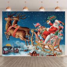 لافتة ديكور خلفية عيد الميلاد، سانتا كلوز راكب الغزال في الشتاء، قرية، أحجام متعددة، لافتة عيد الميلاد