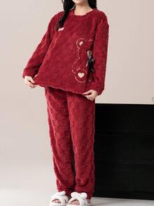 Cute Striped Fluffy Pajama Set, Bear Pattern Comfortable Wool Flannel Fleece Thick Warm Fluffy Pajama Set , Women's Polyester Sleepwear Top And Pants, Suitable For New Year , Long Sleeve Round Neck Top & Pants Homewear 2-Pieces Set, Fall Winter Clothes, Christmas, Cozy - Đỏ - Xem 3