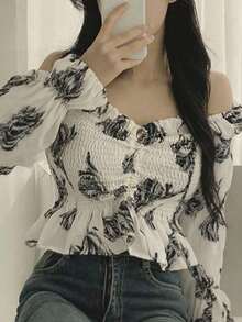 2025 Spring/Autumn Elegant Unique Long Sleeve Cinched Waist Floral Print Blouse - Apricot - View 1