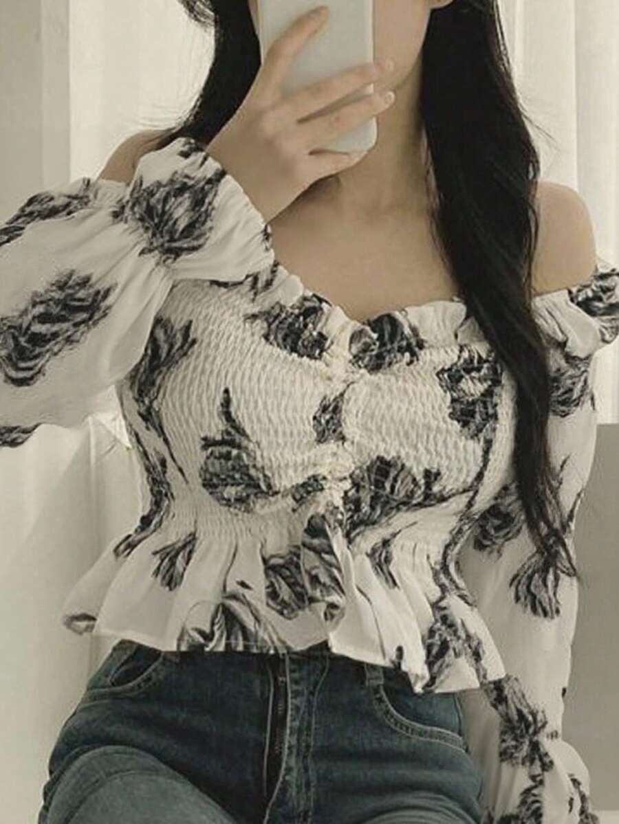 2025 Spring/Autumn Elegant Unique Long Sleeve Cinched Waist Floral Print Blouse - Apricot - View 1