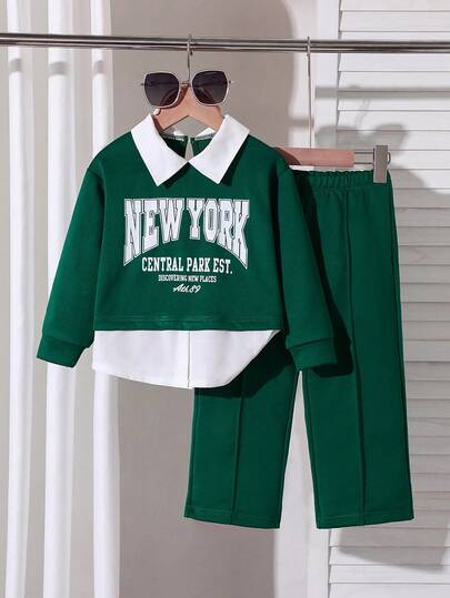 2 piezas Conjunto de Top de manga larga con cuello polo de punto acanalado y bloques de color + Pantalones, adecuado para atuendos deportivos y casuales de moda para el regreso a clases de niñas